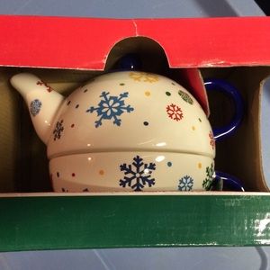 New Ceramic Tea-for-One Set Snowflakes Winter Christmas Gift White Blue Red